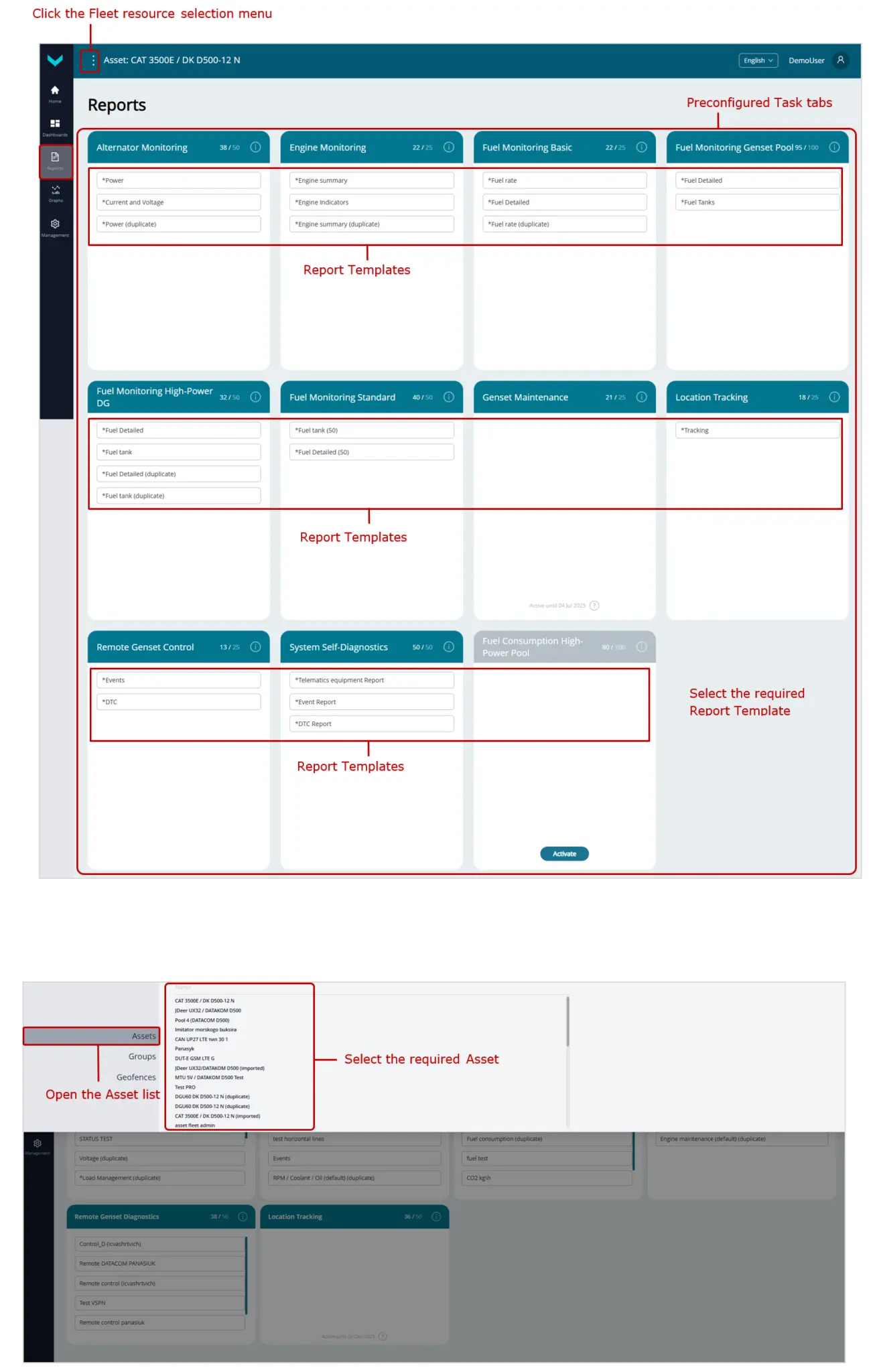 Examples of selecting an Asset for analyzing its operation using Analytical reports_selection in the Reports tab Examples of selecting an Asset for analyzing its operation using Analytical reports_selection in the Reports tab